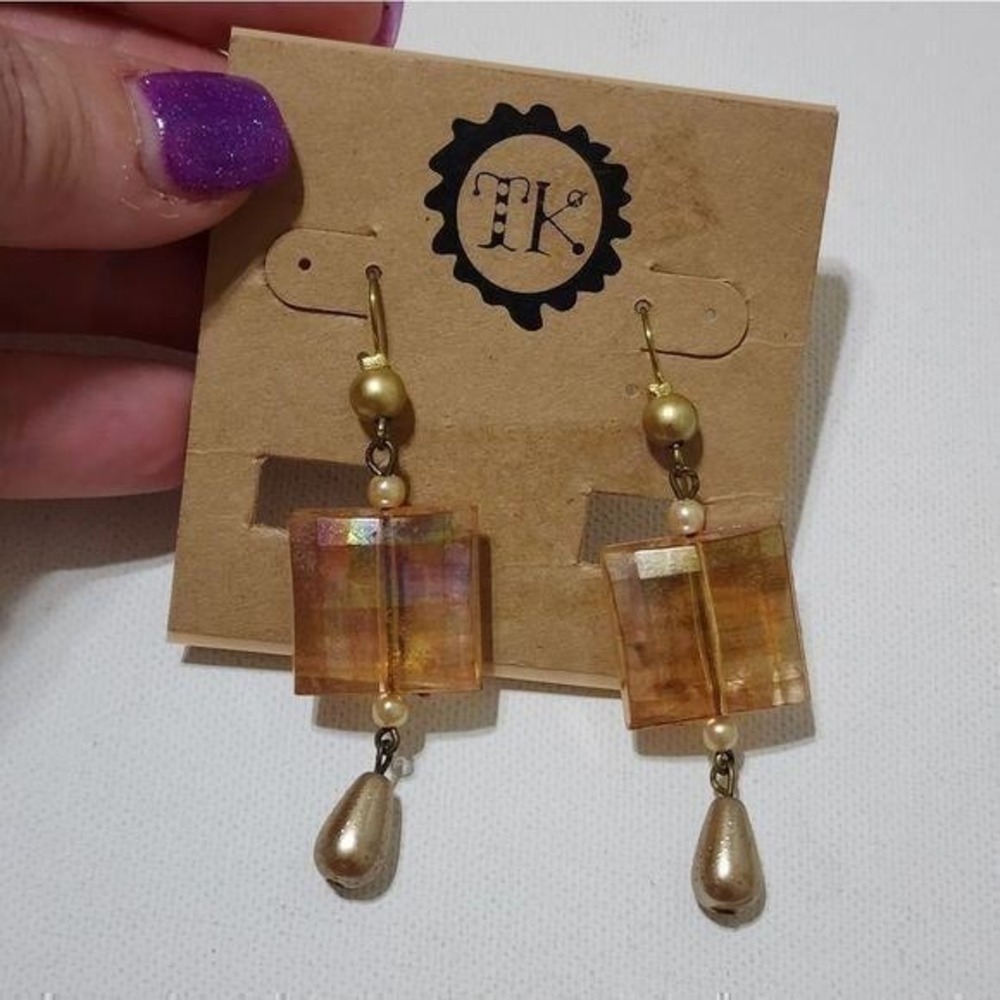 Treska Amber Iridescent Faceted Glass Square Drop Earrings Gold Teardrop